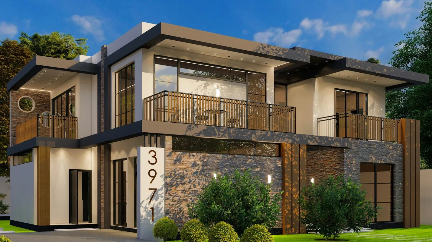 Elegant modern home exterior with stone, glass and architectural lighting